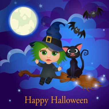 Cadı ve ayın altında bir süpürge üzerinde uçan kedi
