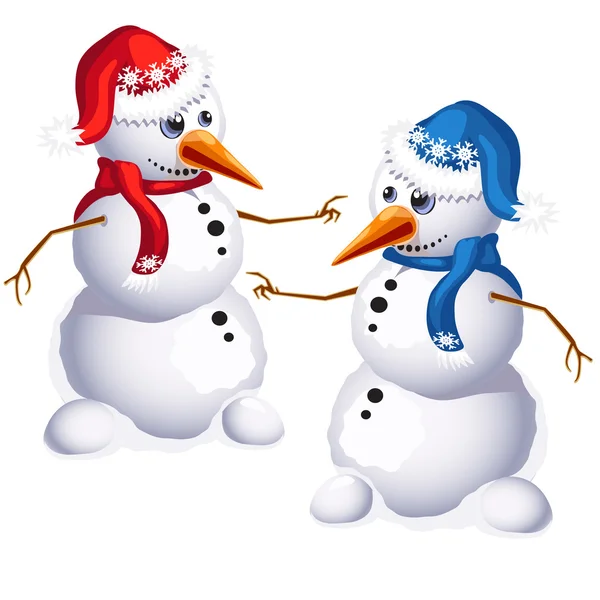 Два традиционных снеговика в красно-синей одежде — стоковый вектор