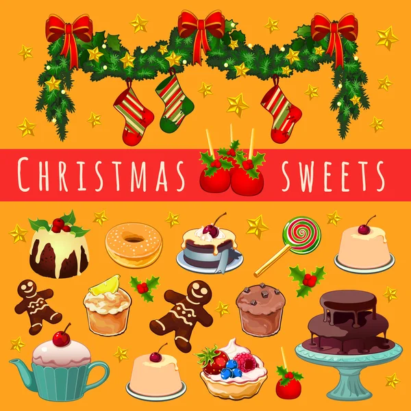 Postcard with Christmas garland and a variety of desserts — Stock Vector