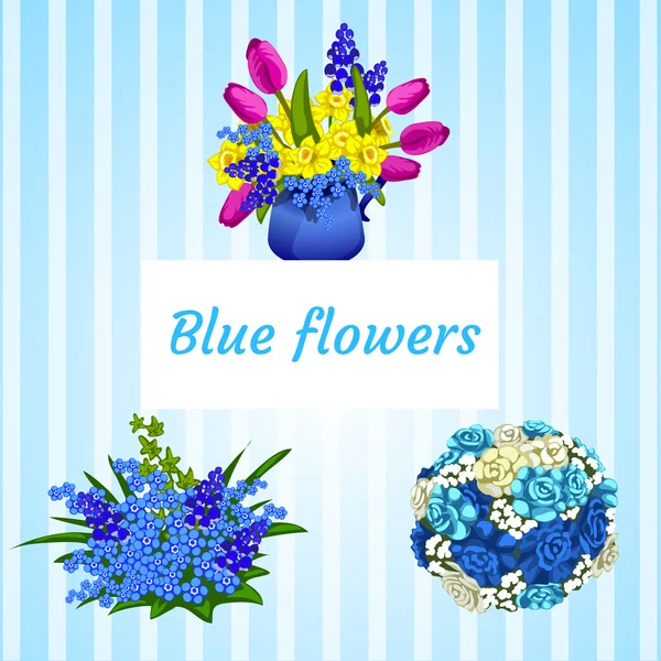 三个花束在蓝色和彩色的花 — 图库矢量图片