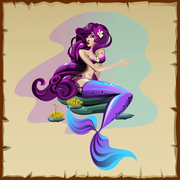 紫、漫画のキャラクターの色合いの人魚 — ストックベクタ