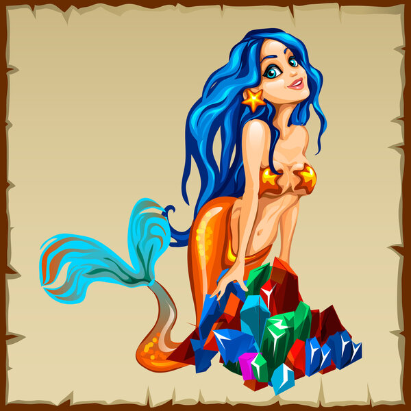 Mermaid with blue hair holds precious crystals