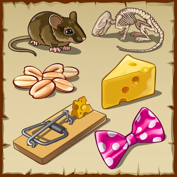 Conjunto de ratón grande y símbolos, queso y otros — Archivo Imágenes Vectoriales