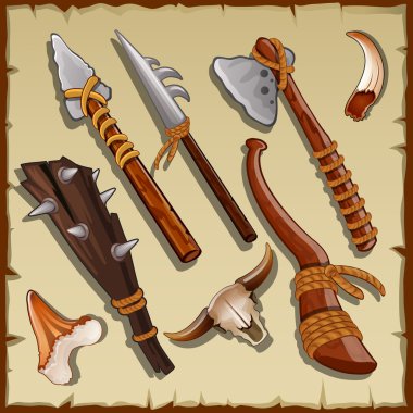 Equipment of a hunter, big set of ancient weapons clipart