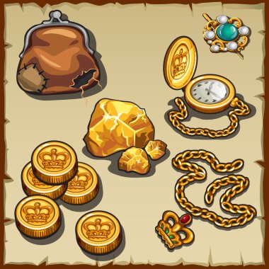Royal collection of coins and jewelry, and old wallet clipart