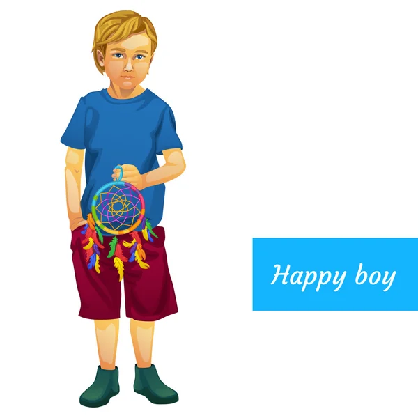 Happy boy in summer clothes with Dreamcatcher — Stock Vector