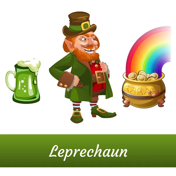 Класичний лепречун з куховарським пивом та горщиком із золотих монет — стоковий вектор