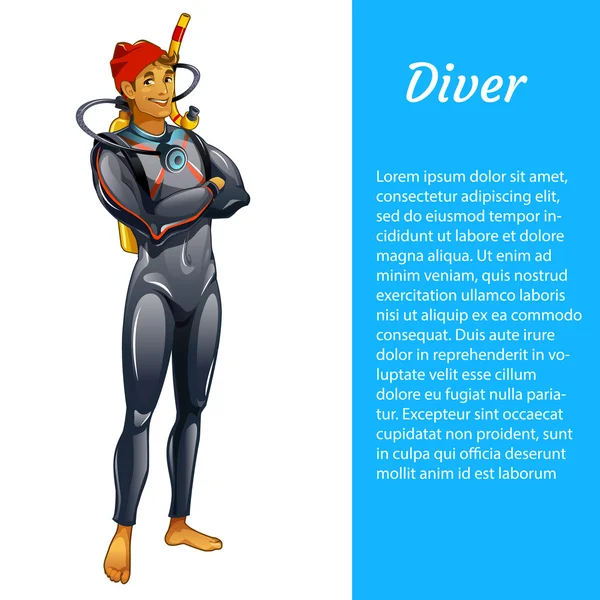 Potápěč muž, samostatný prostor pro text, kreslená postavička — Stockový vektor