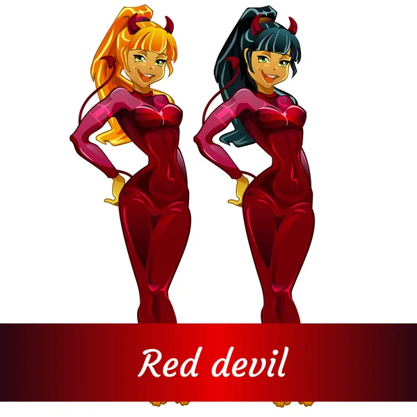 Dos chicas diablos rubia y morena en látex rojo — Vector de stock