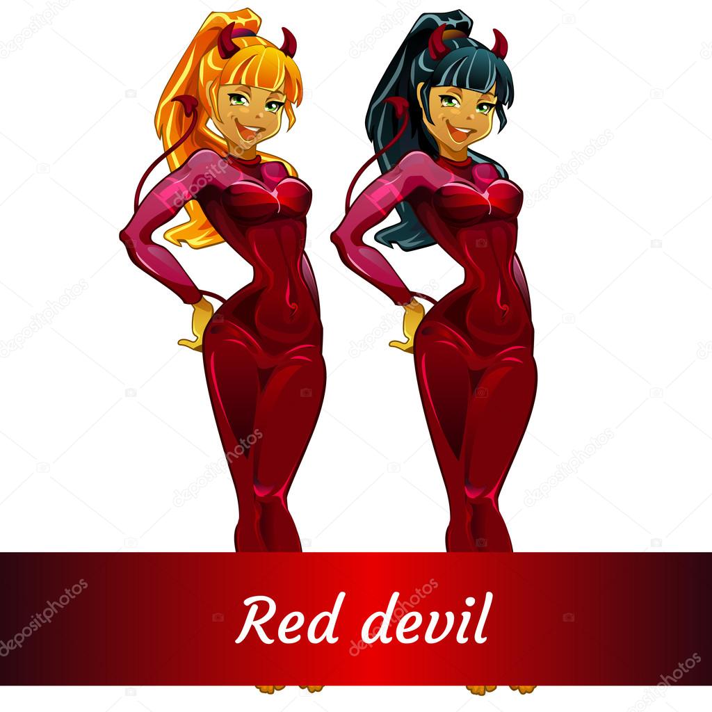 Two girls devils blonde and brunette in red latex