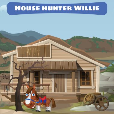Wooden old house of the hunter and his horse