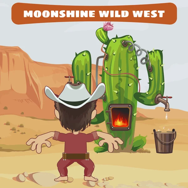 Cowboy kocht einen Mondschein aus Kakteen im Wilden Westen — Stockvektor