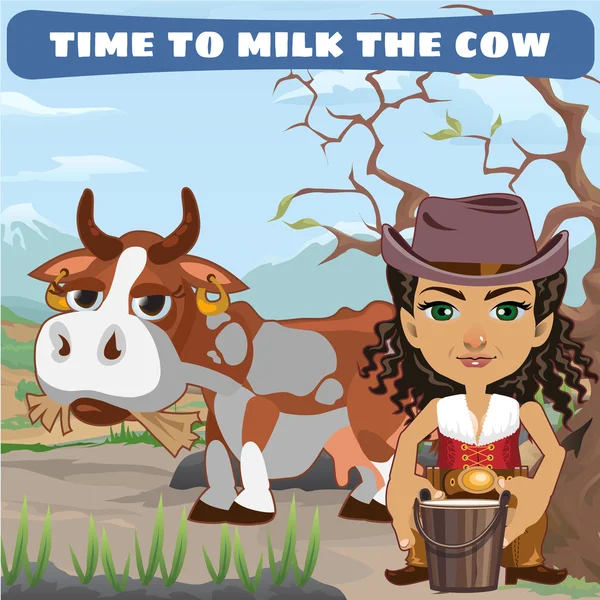 Femme agricultrice avec vache, personnage dans wild West series — Image vectorielle