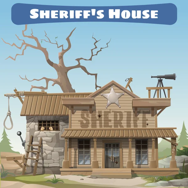 Sheriffs-Haus mit Gefängnis und Baugerüst, Wild-West-Serie — Stockvektor