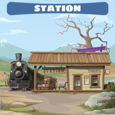 Station and train of the 19th century in Wild West clipart