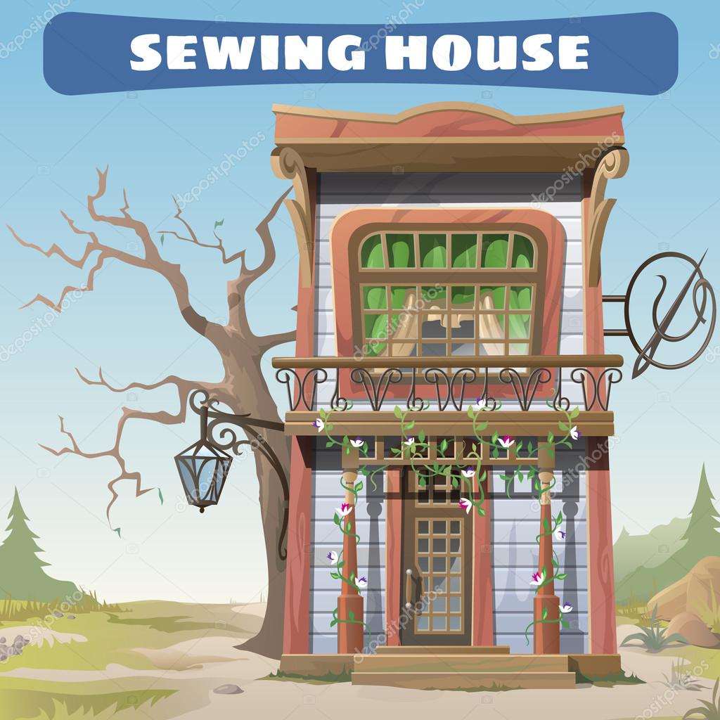 Vintage sewing house in the wild West series vector card