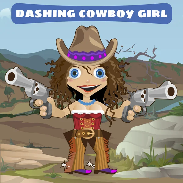 Chica vaquera elegante con armas de fuego en un paisaje salvaje — Vector de stock