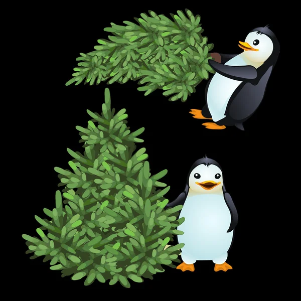 Two fun penguin carrying a green Christmas tree — Stock Vector