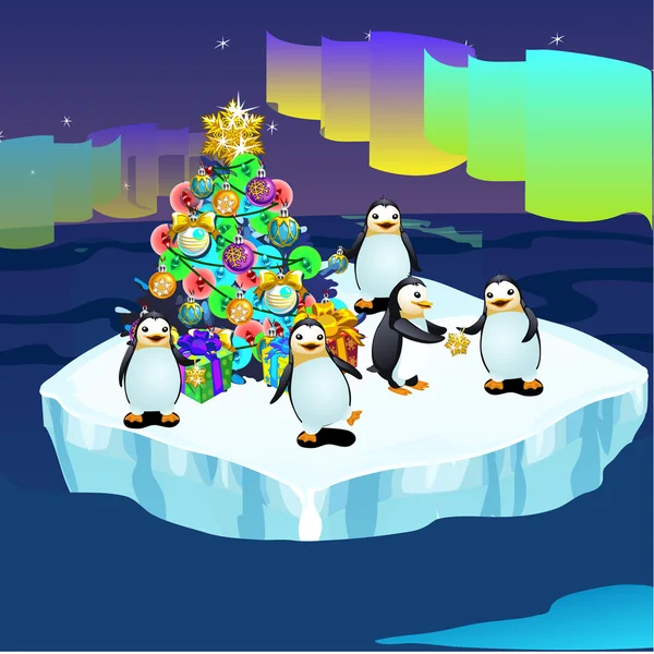 Пінгвіни льоду з Різдвяна ялинка, вітальних листівок, плавати Північний полюс — стоковий вектор