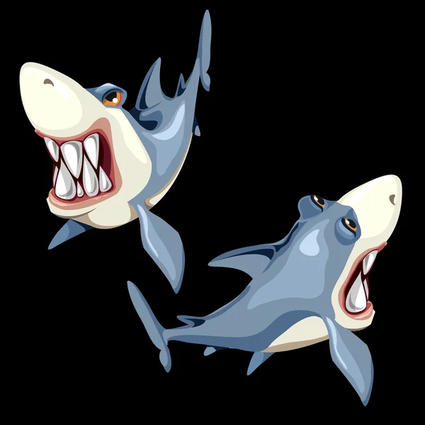 Dos tiburones peces sobre un fondo negro, dos lados — Vector de stock