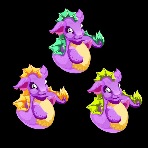Tři zvláštní fialovou mořský drak na černém pozadí — Stockový vektor