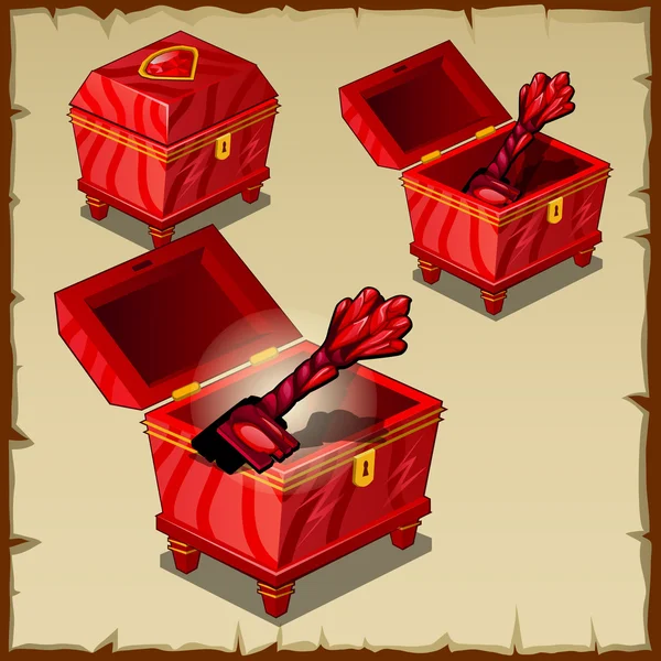 Heldere set van rode dozen en kisten met sleutel — Stockvector