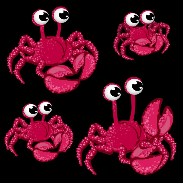 Set pink crabs with big eyes on black background — Stock Vector
