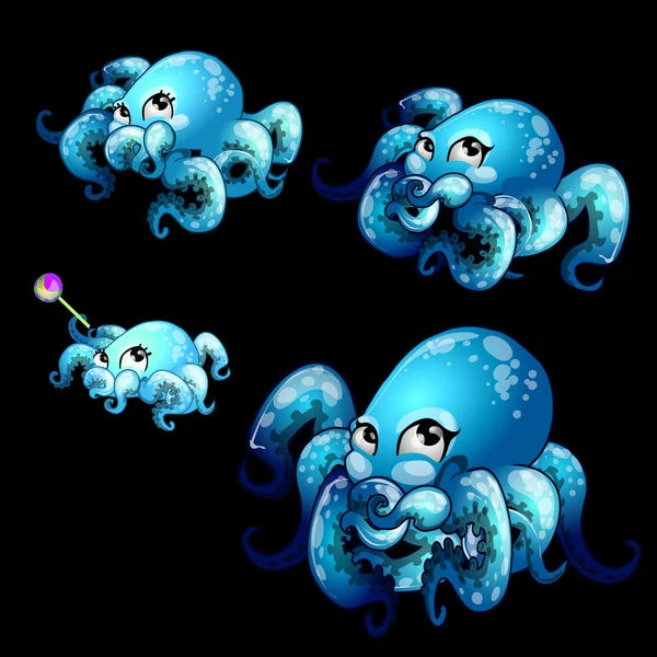 Blauwe octopussen van cute ingesteld op een zwarte achtergrond — Stockvector