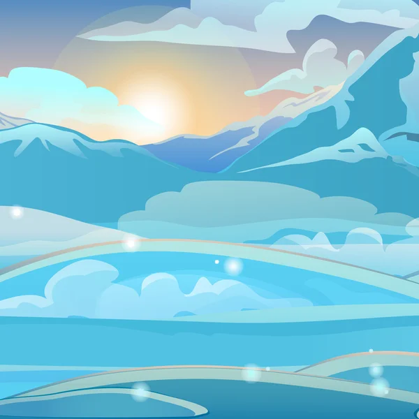 Снігова долина на світанку з горами — стоковий вектор