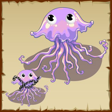 İki komik karikatür karakter denizanası pembe