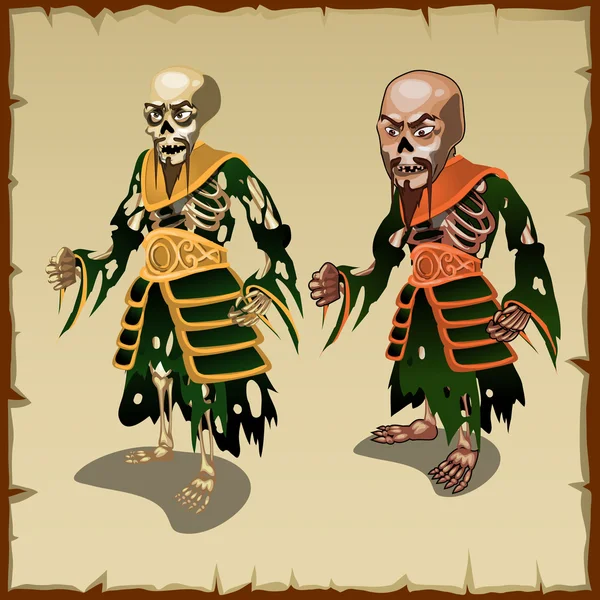 Deux zombies asiatiques dans les costumes traditionnels chiffons — Image vectorielle