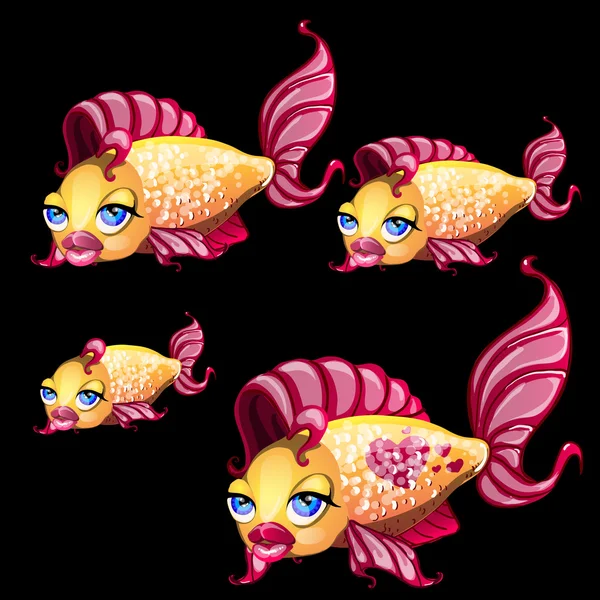 Schattige gele vis met de lippen-bow en blauwe ogen — Stockvector