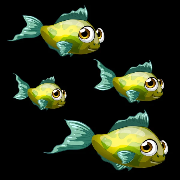 Grön-gul tropiska fiskar, fyra tecknade vektorer — Stock vektor