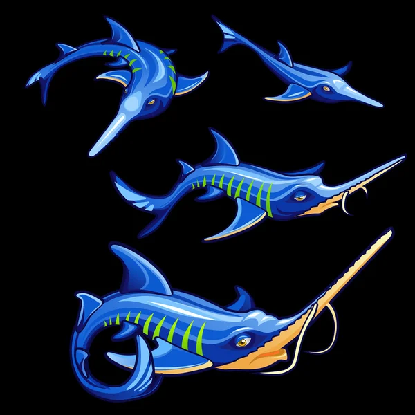 Conjunto de cuatro peces espada azules, personajes de dibujos animados — Vector de stock