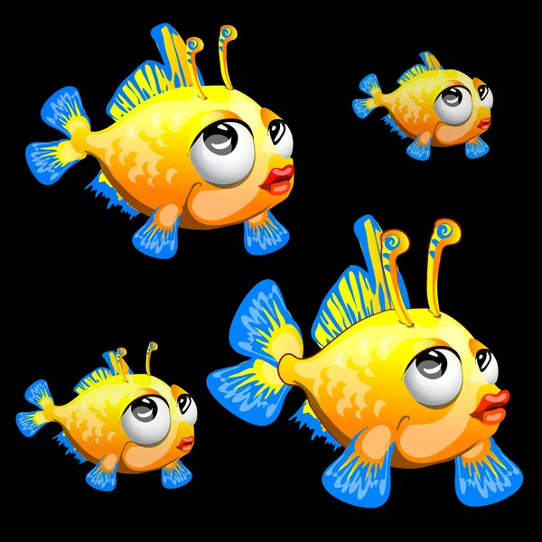 Triste pez amarillo con antena y aletas azules, toon — Vector de stock