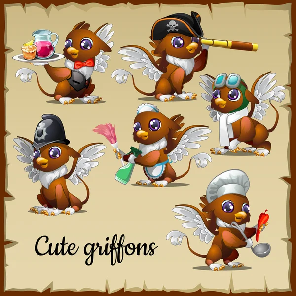 Six cute griffons engaged in their own business — Stock Vector