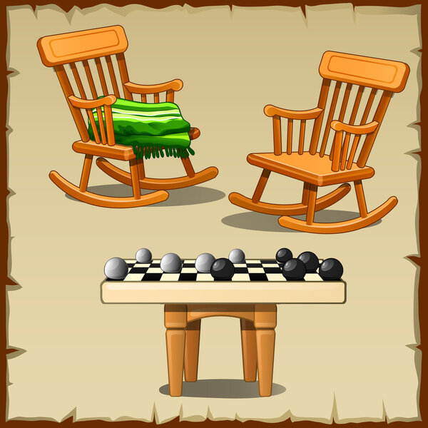Two rocking chairs with checkers on wooden stools