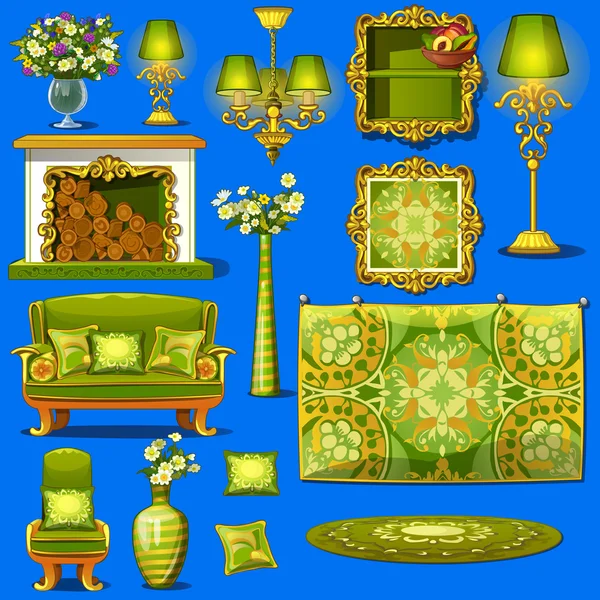 Set mobilier vintage tapissé de vert — Image vectorielle