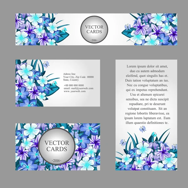 Cartes avec texture de fleurs bleues et exemple de texte — Image vectorielle