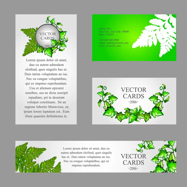 Quatre cartes avec texture de fougère verte — Image vectorielle