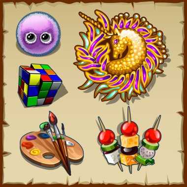 Oyunlar, Dekorasyon, çizim, yeme ve oyuncaklar için öğeleri koleksiyonu