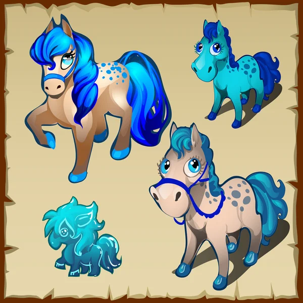 Aantal cartoon paarden met blauwe manen en staart — Stockvector
