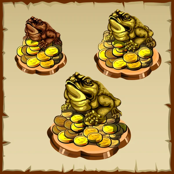 Drei Froschfiguren auf Gold sitzend, Fengshui-Talisman — Stockvektor