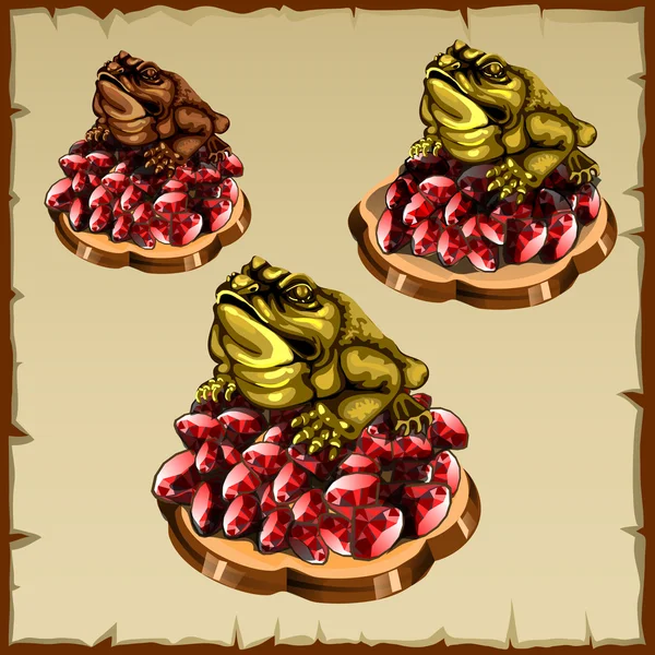 三只青蛙俑坐在 ruby，风水护身符 — 图库矢量图片