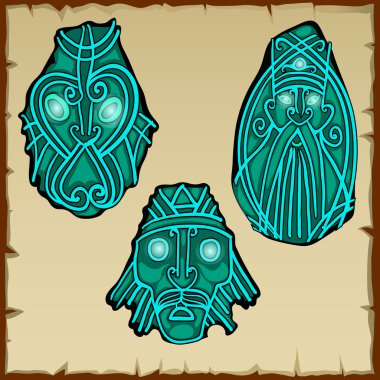 Set of three figures carved from stone, vector icons clipart