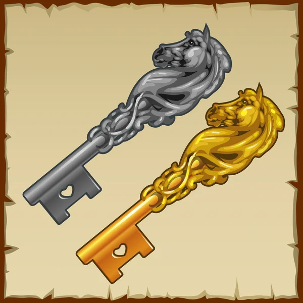 Due magiche chiavi d'argento e d'oro con cuore e testa di cavallo — Vettoriale Stock