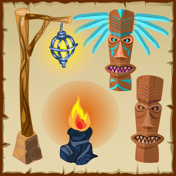 Dois totens, fogo e lanterna, símbolos antigos — Vetor de Stock
