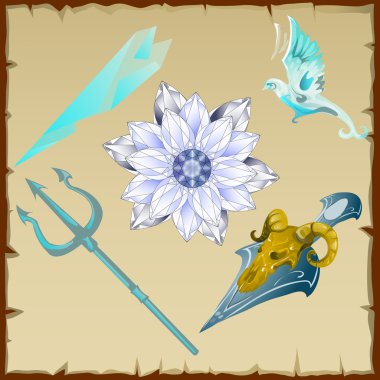 Sihirli ve antik semboller, trident, çiçek, kuş