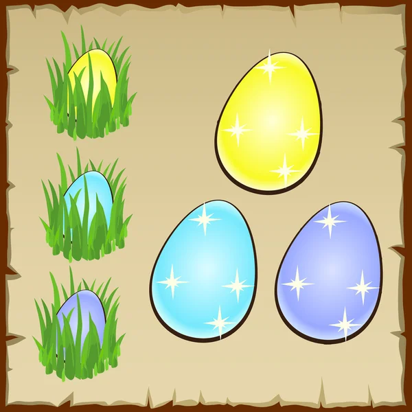Tři barevné vajec v zelené trávě — Stockový vektor