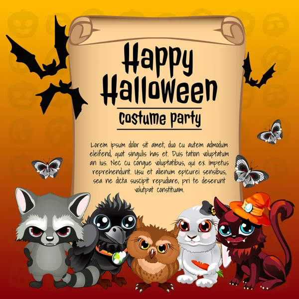 Tarjeta feliz Halloween y habitantes del bosque — Vector de stock